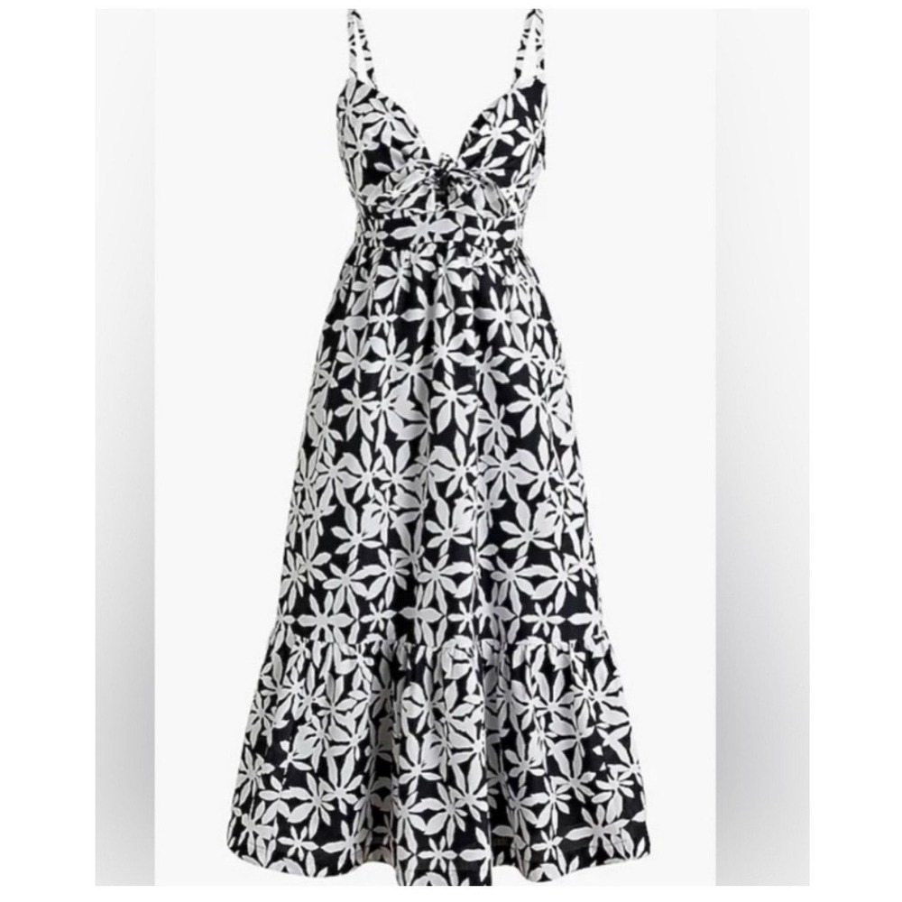 J.Crew Black White Floral Tie Front Tiered Midi Dress - Size 12 NEW WITH TAGS